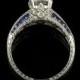 Edwardian Style 14k White Gold Diamond and Blue Sapphire Hand Engraved semi mount  engagement ring, setting only, for 6.5 mm center stone
