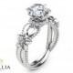 Nature Inspired Diamond Engagement Ring Handmade 14K White Gold Ring Art Deco Engagement Ring Unique Flower Ring
