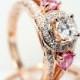 Vintage Style 14k Rose Gold Diamond Engagement Ring w/ Pink Sapphire Side Stones - Matching Wedding Band Complete Bridal Set Rose Gold Ring