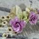 Garden wedding hair piece, Bridal hair comb, Mint purple hair roses, Romantic wedding headpiece, Porcelain jewelry, Hair flower cluster