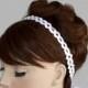 White Eyelet Lace Trim Ribbon Bridal Tie Headband, Weddings Head Piece  Tiara.