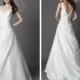 Ivory V-neck Taffeta Asymmetrical Chapel Train Wedding Dress with Full A-line Skirt