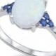 Solid 925 Sterling Silver 1.86 Carat Oval Lab Created White Opal Round Deep Blue Sapphire Wedding Engagement Anniversary Ring Gift