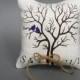 Wedding rustic natural Burlap linen Ring Bearer Pillow Purple Birds on Black tree and linen rope