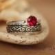 Ruby Solitaire with Wide Sterling Silver Pattern Band - Vintage-Style Classic Solitaire with Wide Silver Swirl Band - July Birthstone Ring