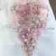 Cascading Blush Pink Wedding Brooch Bouquet. "Blushing Bride" Dusty Pink Teardrop Wedding Bouquets, Bridal Broach Bouquet, Ruby Blooms