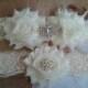 Wedding Garter - Bridal Garters - Ivory garter Set on a Ivory Lace with Pearl & Rhinestone - Style G262