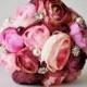 Bridal Bouquet, Brooch Bouquet, Pink and Bordeaux Ranunculus, Silk Wedding Flowers, Rhinestone Brooches, Pearls, Lace, Shabby Chic Wedding