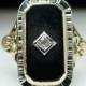 Antique Art Deco White Sapphire and Onyx Ring 18k Yellow & White Gold - Size 8.5