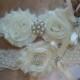 SALE-Shop Best Seller - Wedding Garter Set -Ivory Flowers on a Ivory Stretch Lace with Pearls & Rhinestones-  Style G291