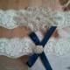 Wedding Garter Set - Crystal Rhinestones & Navy Blue Bow with Pearl/Rhinestone details on a Stretch White Lace - Style G5030