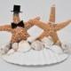 Bride and Groom Cake Topper Real Orange "Sugar Starfish" on a Giant Real Scallop - Vail, Pearl Necklace, Top Hat & Bow Tie Outfit