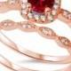 Vintage Wedding Engagement Ring Round Deep Red Garnet Clear Diamond CZ Halo Two Piece Ring Band Bridal Set Rose Gold 925 Sterling Silver