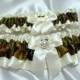 Camouflage Satin Wedding Garter Set w/ Crystal Embellishment  - Toss Garter Included - Pick Ivory OR White