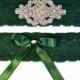 Forest Hunter Green Stretch Lace Wedding Garter Set with Sparkling Crystals