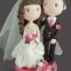Wedding Cake Topper clay, Fuschia pink wedding clay dolls, Engagement party decoration
