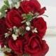 Christmas Greens Red Silk Brooch Wedding Bouquet - Natural Touch Red Roses Bride Bouquet