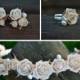 Wedding flower set. Ivory roses wedding headband earrings ring. Ivory hear crown