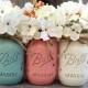 Painted Mason Jars. Vase. Vintage looking Painted Mason Jars. Pink/White/Shabby Blue. Painted Mason Jars. Wedding Decor. Country Decor.