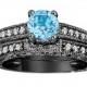 Blue Topaz & Diamond Engagement Ring And Wedding Anniversary Diamond Band Sets Vintage Style 14K Black Gold 1.14 Carat HandMade