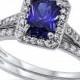 Halo Solitaire Accent Two Piece Wedding Engagement Ring 1.50CT Radiant Cut Blue Sapphire CZ 925 Sterling Silver Round Russian Diamond CZ