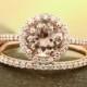 Natural AAA Morganite Ring Set, Diamond Halo Morganite Engagement Ring Band Set, Roes gold, 7mm gemstone - Gem1203