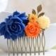 Cobalt Blue and Orange Wedding Bridal Hair Comb. Large Cobalt Blue Rose, Orange, Ivory Flowers Collage Hair Comb, Bridal Bridesmaid Comb