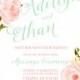 Mint Green Coral Wedding Invitation - Floral wedding invitation, roses invitation, printable wedding invitation