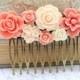 Bridal Hair Comb Peach Coral Rose Hair Comb Ivory Cream Floral Collage Country Chic Hair Accessories Brass Metal Comb Flowers for Hair