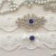 wedding garter set, ivory bridal garter set, ivory lace garter, navy/royal blue rhinestone, ivory bow