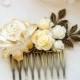 White Ivory Gold Rose Bridal Hair Comb Floral Flower Leaf Collage Comb Ivory Wedding Hair Accessory Vintage Country Cottage Wedding Comb