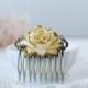 Gold Tipped Shabby Ivory Rose Hair Comb. Antiqued Brass Filigree Hair Comb. Vintage Inspired Wedding Bridal Hair Comb