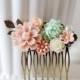 Mint and Pink Flowers Hair Comb, Mint Wedding Hair Comb, Floral Bridal hair comb, Leaf Hair Comb, Bridesmaid Hair Comb, Flower Girl Comb