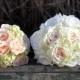 Silk Wedding Bouquet, Wedding Bouquet, Keepsake Bouquet, Bridal Bouquet Blush rose, coral rose and green hydrangea wedding bouquet package.