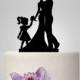 Bride Groom Silhouette Wedding Cake Topper,  acrylic Cake Decoration, family cake topper with little girl, funny ,unique topper
