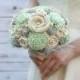 Hand Dyed Pastel Mint & Soft Grey Bride's Wedding Bouquet - Ivory Sola Wood Flowers, Handmade Fabric Rosettes, Burlap, Soft Gray, Mint Green