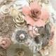 Brooch Bouquet, Ivory, Cream, Blush, Peach, Coral, Champagne, Bridal, Elegant Wedding, Vintage Style, Jeweled, Lace, Pearls, Crystals