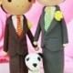 Gay Wedding Cake topper clay doll , Same sex Clay Couple with puppy, wedding clay figurine decoration, rings holder clay miniature