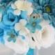 17 Piece Package Wedding Bridal Bride Bouquet Silk Flower Decoration Centerpieces Flowers TURQUOISE MALIBU TEAL White "Lily of Angeles"