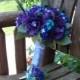 Peacock Bridal Bouquet / Teal and Purple Real Touch Silk Bridal Bouquet / Grooms Boutonniere / Silk Wedding Flowers / Peacock Wedding