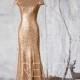 2015 Gold Bridesmaid dress, Cap Sleeve Wedding dress, Scoop neck Evening dress, V back Sequin Maxi dress Metallic full length (GQ161A)