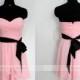Handmade Sweetheart Pink Chiffon Knee Length Bridesmaid Dress With Black Sash / Pink Homecoming Dress/ Short Prom Dress By Wishdress