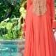 Peach pure georgette floor length comely gown with chinese collar