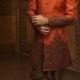 Orange jute plush indo western sherwani with standing collar