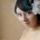 Bridal gardenia clip comb fascinator peacock feather accents and detachable French Russian netting birdcage veil - AMALEINA