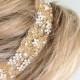 Gold Crystal Headband. Wedding Bridal Tiara, Headpiece. WHITE or IVORY Satin Ribbons, Rhinestones.Beaded. Bridesmaids, Prom "Missy"