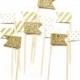 12 Gold Stripe, Glitter & Polka Dot Flag Cupcake Toppers - Washi Tape Cupcake Toppers, wedding, engagement, birthday, baby shower, tea party
