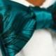 Teal green peacock feather bow tie. Self-tie. Adjustable men's bowtie. Black silkscreen print.