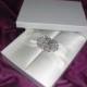 Fancy Ivory Satin Wedding Invitation Folio with Satin Ribbon &Swarovski Brooch w/ White Mailing Box, DIY Invitation, Invitation Box, Silk,