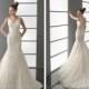 V Neck and Back Embroidered Trumpet Wedding Dress with Wide Straps